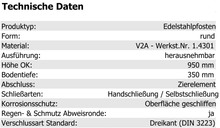 Technische Daten Produktyp: Edelstahlpfosten Form: rund Material: V2A - Werkst.Nr. 1.4301 Ausführung: herausnehmbar Höhe OK: 950 mm Bodentiefe: 350 mm Abschluss: Zierelement Schließarten: Handschließung / Selbstschließung Korrosionsschutz: Oberfläche geschliffen Regen- & Schmutz Abweisronde: ja Verschlussart Standard: Dreikant (DIN 3223)