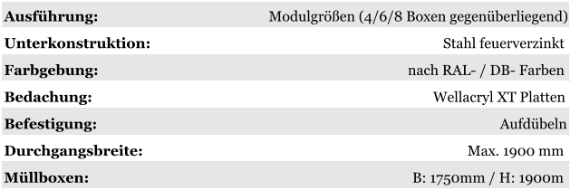 Ausführung: Modulgrößen (4/6/8 Boxen gegenüberliegend) Unterkonstruktion: Stahl feuerverzinkt Farbgebung: nach RAL- / DB- Farben Bedachung: Wellacryl XT Platten Befestigung: Aufdübeln Durchgangsbreite: Max. 1900 mm Müllboxen: B: 1750mm / H: 1900m